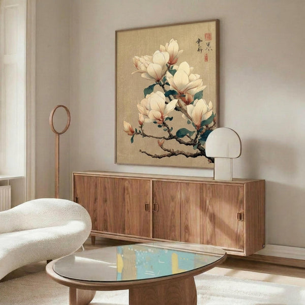 May include: Japanese-style botanical artwork featuring white magnolia blossoms on beige background, displayed in thin wooden frame above mid-century walnut credenza. Room shows cream curved chair, brass floor lamp, oval glass coffee table with colorful reflective surface, and white walls with natural lighting.