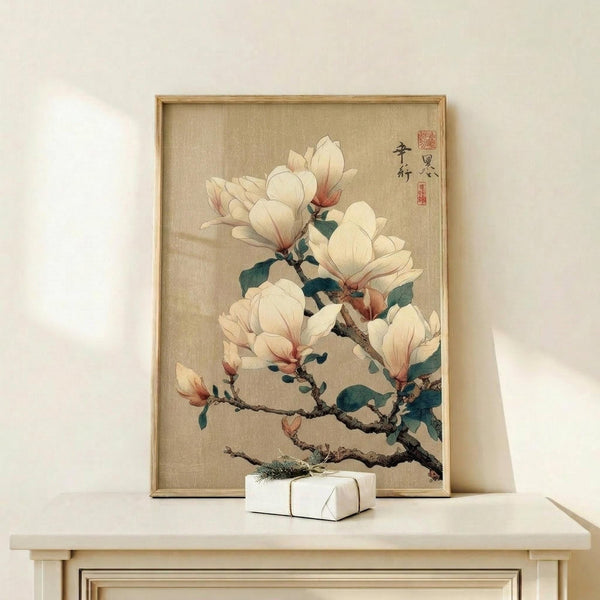May include: Framed botanical artwork showing white magnolia blossoms on brown branches against a tan textured background, displayed on a light wood console table with a small white wrapped gift box beside it. The artwork features delicate Asian-style painting with red seal stamps and black calligraphy in the upper right corner. Natural lighting creates soft shadows on the cream wall behind.