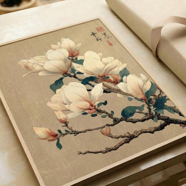 Japanese botanical artwork featuring white magnolia blossoms with pink-tinted edges on gnarled brown branches with dark green leaves, painted in traditional style on beige textured background with red seal stamps and black calligraphy in upper right corner, displayed as unframed print on white paper next to rolled white papers on cream surface