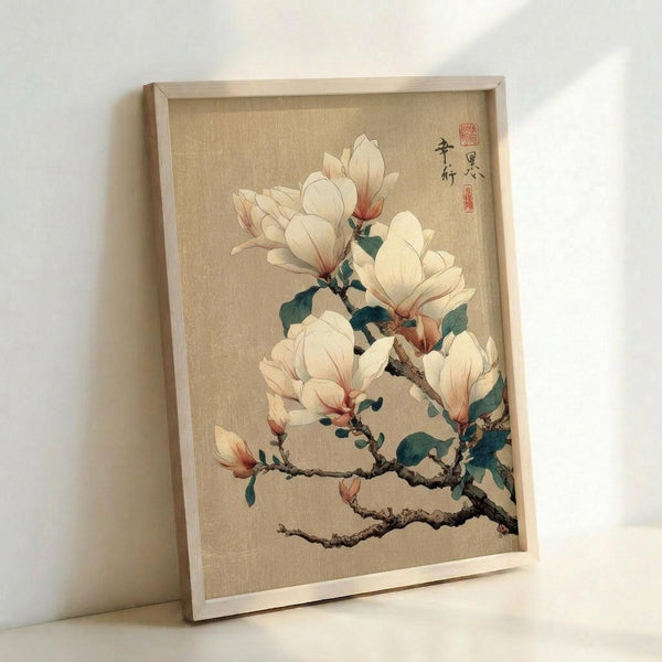 May include: Framed botanical print featuring delicate white magnolia blossoms with pink-tinted edges on gnarled brown branches with green leaves, rendered in traditional Asian painting style against a warm beige background. The artwork includes red signature seals and black calligraphy in the upper right corner. The piece is displayed in a light wood frame leaning against a white wall.