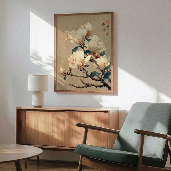 May include: Japanese-style botanical artwork showing white magnolia blossoms on branches against a tan background, displayed in a thin wooden frame above a mid-century modern credenza. The scene features a sage green upholstered armchair with wooden arms, a small round side table, and a white ceramic table lamp. Natural sunlight creates dramatic shadows across the white wall, highlighting the artwork's delicate floral details and traditional calligraphy in the upper right corner.