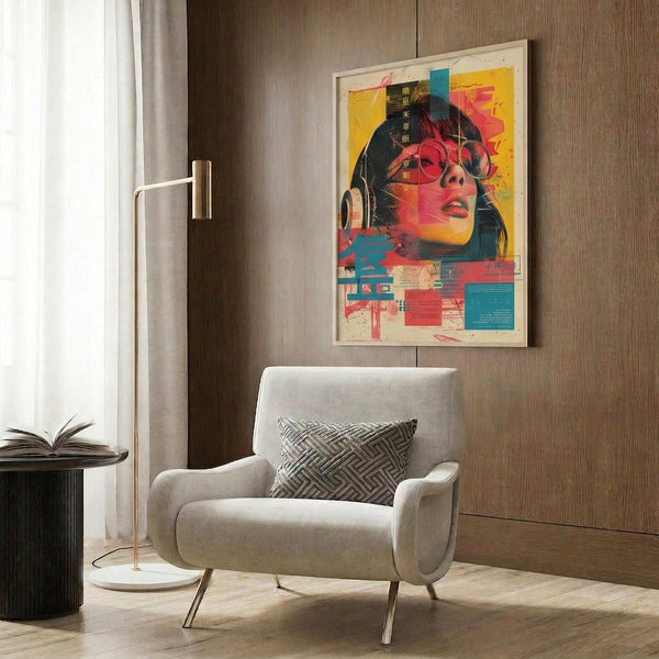 May include: Framed cyberpunk-style portrait poster displayed on wood paneled wall above beige armchair with geometric pillow. Artwork features woman with pink-tinted sunglasses in vibrant yellow, pink, and teal colors with digital glitch effects and Japanese text elements. Modern reading nook setting with brass floor lamp and side table.