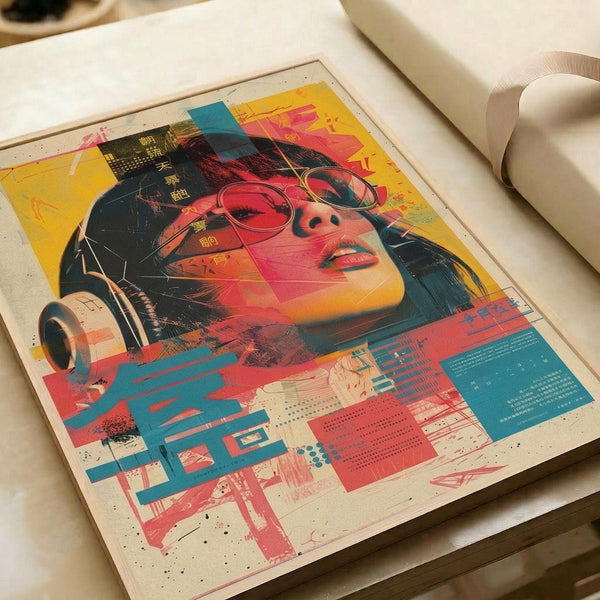 A vibrant cyberpunk-style art print featuring a woman with dark hair wearing round sunglasses, rendered in bold pink, yellow, and teal colors with digital glitch effects and Japanese text elements. The poster lies flat on white paper with a tape dispenser visible nearby, showing the print's square format and retro-futuristic aesthetic with geometric patterns and technological imagery overlaid throughout the composition.