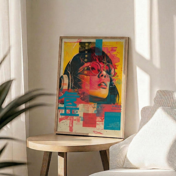 May include: Framed cyberpunk-style artwork featuring a woman with round glasses and dark hair against vibrant yellow, pink, and blue geometric backgrounds with Japanese text elements. The poster sits on a light wood round side table next to a beige upholstered chair with white throw pillow. Natural sunlight creates shadows across white walls, with green plant leaves visible in the corner.