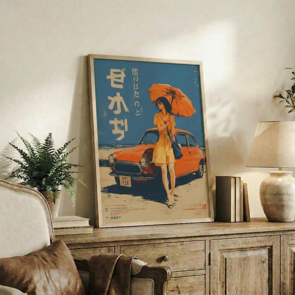 May include: Framed vintage-style Japanese poster featuring woman in yellow dress holding orange umbrella beside orange car on beach, displayed on rustic wooden sideboard with plant, ceramic vase, and books in neutral-toned living room setting