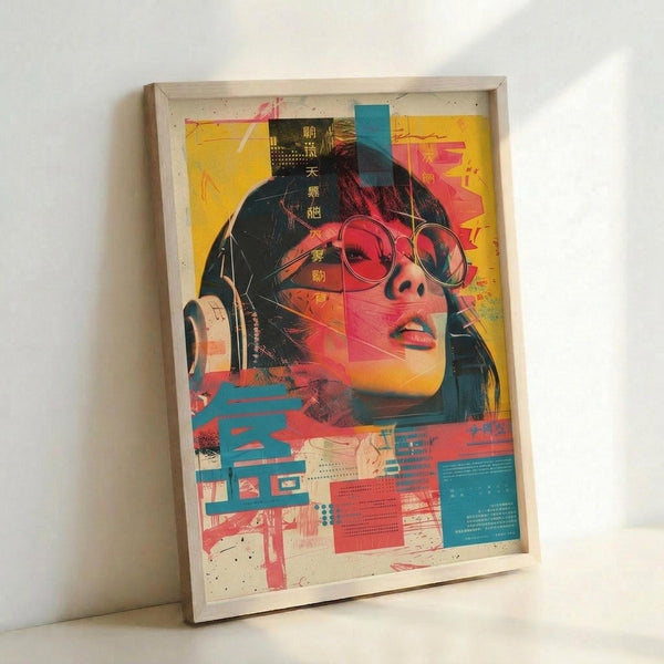 May include: Framed poster print leaning against white wall showing stylized woman with round glasses and dark hair in cyberpunk aesthetic. Artwork features vibrant yellow, pink, and teal color blocks with Japanese text characters, geometric shapes, and layered collage elements. Light wood frame surrounds the colorful digital art piece in modern interior setting.