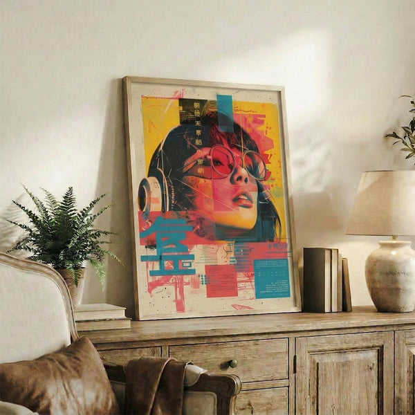May include: Framed cyberpunk artwork featuring a woman with round sunglasses and headphones in vibrant pink, yellow, and teal colors with Japanese text elements, displayed on a rustic wooden console alongside books, a potted fern, and ceramic vase in a modern living room setting with white walls and upholstered furniture.