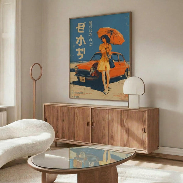 May include: Vintage Japanese poster featuring woman in yellow dress holding orange parasol beside orange car on beach, displayed above wooden credenza in modern living room with white curved chair, glass coffee table, and warm natural lighting