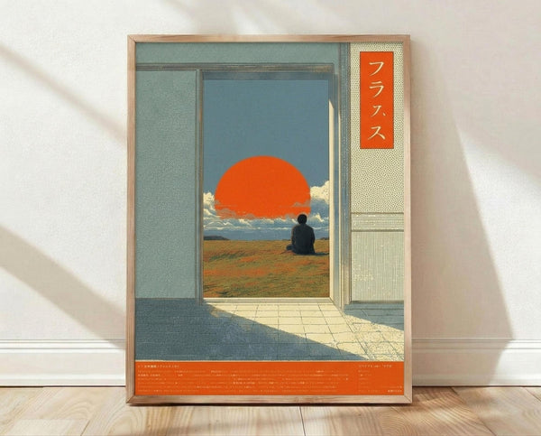 May include: Framed poster print leaning against white wall on wooden floor. Artwork shows person sitting in field viewing large orange sun and clouds through doorway or window frame. Japanese text in orange banner on right side. Vintage-inspired illustration with muted blue-green and orange color palette. Bottom has orange text block. Natural lighting creates soft shadows on wall.