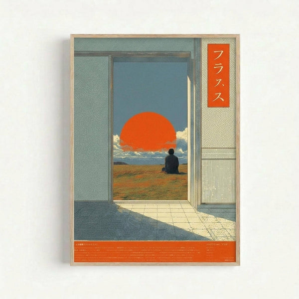 Japanese-style poster featuring a silhouetted figure sitting in contemplation, viewed through an open doorway. A large orange-red sun dominates the sky above golden fields, with white clouds scattered across blue heavens. The composition shows geometric architectural elements with halftone dot patterns in muted green and beige tones. Orange text panel with Japanese characters appears in the upper right corner, with additional text block at bottom.