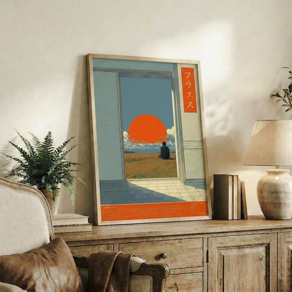 May include: Framed poster with Japanese aesthetic showing figure sitting before large orange sun over water, viewed through doorway. Blue and orange color palette with Japanese text. Displayed on rustic wooden console alongside fern plant, books, and ceramic vase in neutral-toned living space with beige chair visible.