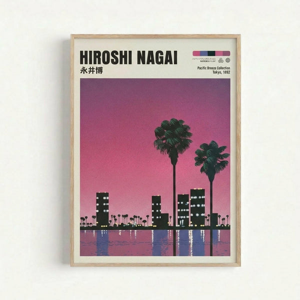 A framed poster print featuring a stylized cityscape silhouette against a vibrant pink and purple gradient sky. Two prominent palm trees stand tall among dark building silhouettes, with their reflections visible in blue water below. The scene has a retro vaporwave aesthetic with the text "HIROSHI NAGAI" and Japanese characters at the top, plus "Pacific Breeze Collection Tokyo, 1892" in the upper right corner. The poster is displayed in a light wood frame against a white wall.