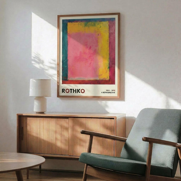 May include: Framed Rothko retrospective poster with colorful abstract painting featuring pink, yellow, and teal blocks mounted on white wall above mid-century modern wooden credenza. Scene shows gray upholstered armchair with wooden frame, round coffee table, and white ceramic table lamp creating cozy living room setting with natural sunlight casting shadows.
