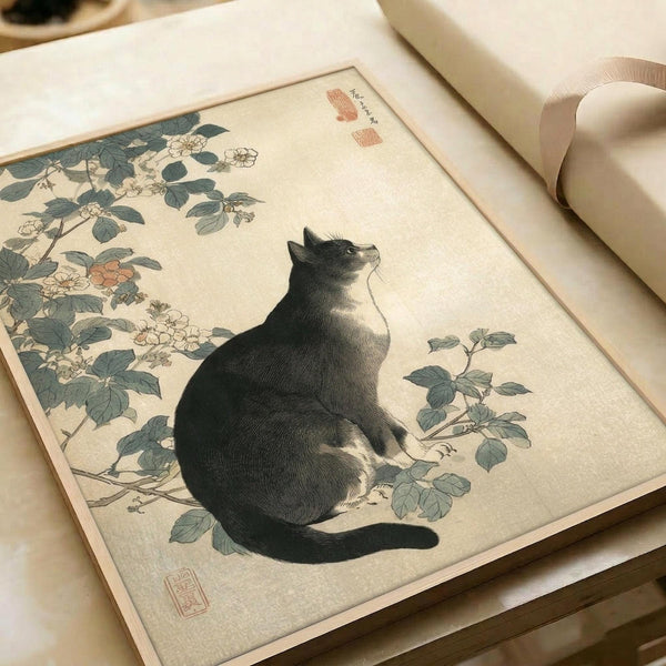 Vintage Japanese woodblock print featuring a black and white cat sitting beneath flowering rose branches with green leaves. The cat gazes upward at delicate white and pink blossoms against a cream background. Red artist seals appear in the corners. The artwork is displayed in an open book or portfolio with cream-colored pages on a neutral surface.