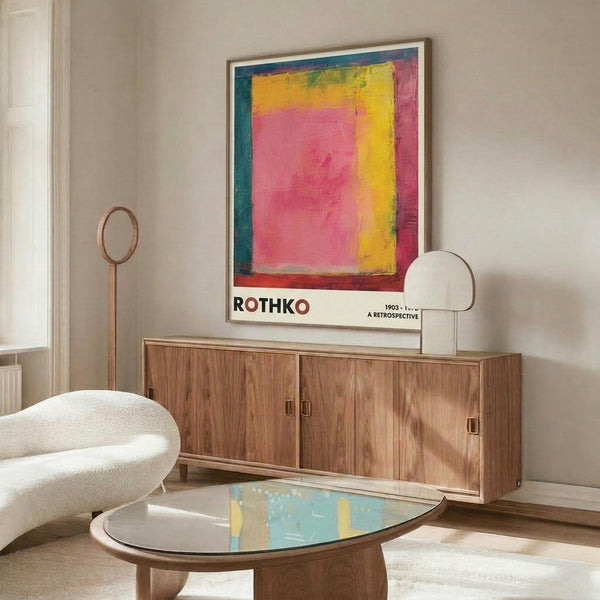 May include: Modern living room with cream walls featuring a framed colorful abstract art poster with pink, yellow, and blue blocks above a wooden sideboard. White curved chair and glass-top coffee table complete the mid-century modern setting with natural lighting.