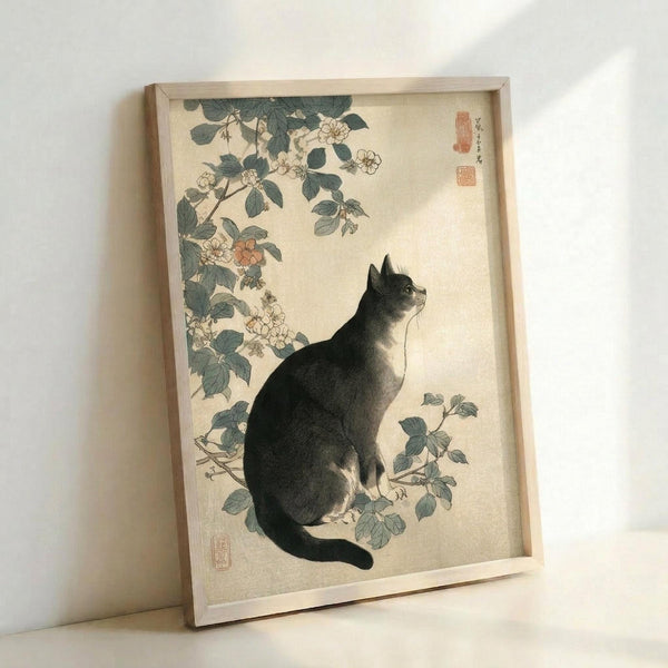 May include: A framed vintage Japanese woodblock print showing a black and white cat sitting among flowering rose branches with green leaves. The artwork features delicate botanical details on cream-colored paper with red artist seals. The print is displayed in a light wooden frame leaning against a white wall, creating soft shadows.