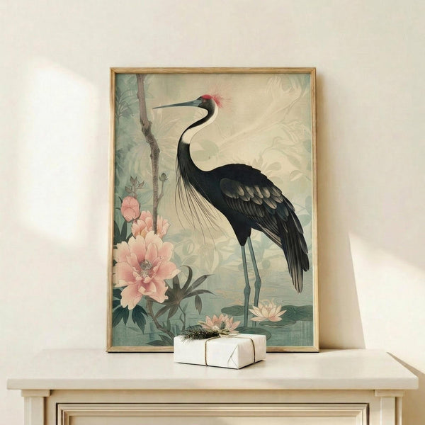 May include: Framed vintage-style Japanese art print featuring a black crane with red crown plume standing among coral pink peonies and water lilies in muted green tones, displayed on light wood console table beside white wrapped gift box against cream wall
