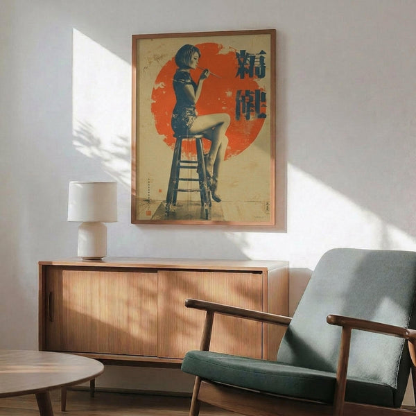 May include: Framed vintage-style poster showing woman in dark blue cheongsam dress sitting on tall stool against large red circular background with black Japanese characters, displayed above wooden sideboard with white ceramic lamp in modern living room with sage green mid-century armchair and round coffee table, natural sunlight casting shadows on white wall