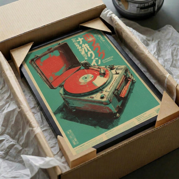 May include: Framed vintage-style poster featuring a retro turntable with red vinyl record and open lid on mint green background with Japanese text, displayed in dark frame inside cardboard shipping box with protective tissue paper packaging