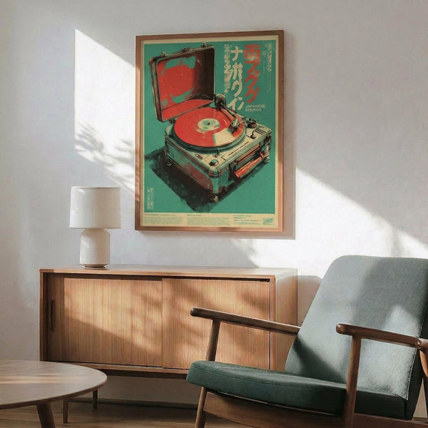 May include: Vintage-style poster featuring a turntable with green and red color scheme and Japanese text, displayed in wooden frame above mid-century modern credenza. Room shows teal upholstered chair with wood arms, small white table lamp, and round coffee table. Natural sunlight creates shadows on white wall, giving the space a warm, retro aesthetic.