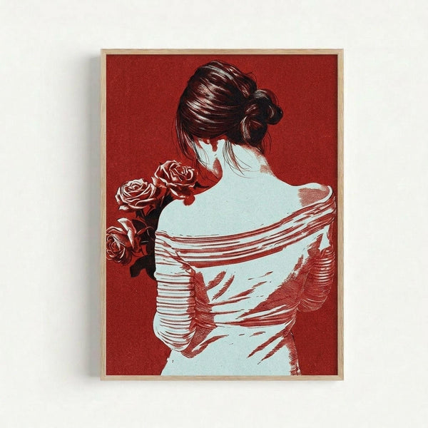 Stylized portrait artwork showing a woman from behind with dark hair in a bun, holding red roses. She wears a draped garment with flowing fabric lines. The image uses a limited color palette of deep red background with white and red tones. The artwork has a vintage poster aesthetic with bold contrasts and is displayed in a thin wooden frame against a white wall.