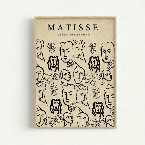 Framed art print featuring a repeating pattern of minimalist line-drawn faces and botanical elements in black ink on cream-colored paper. The simple, continuous line drawings show various human profiles and frontal portraits interspersed with small leaf or plant motifs. The artwork is displayed in a light wooden frame against a white wall, showcasing the Matisse-inspired linear style with clean, flowing strokes that create an elegant, modern aesthetic.