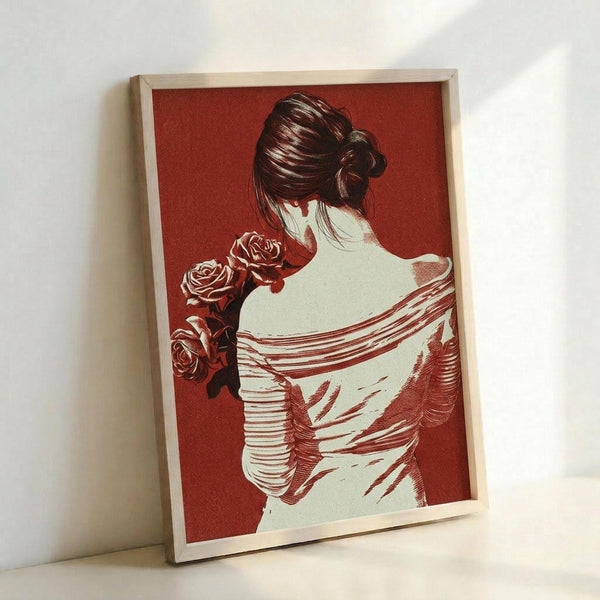 May include: Framed art print leaning against white wall showing woman from behind with dark hair in updo, holding red roses, wearing draped white garment with red linear details, set against deep red background in minimalist two-tone style, displayed in light wood frame on white surface