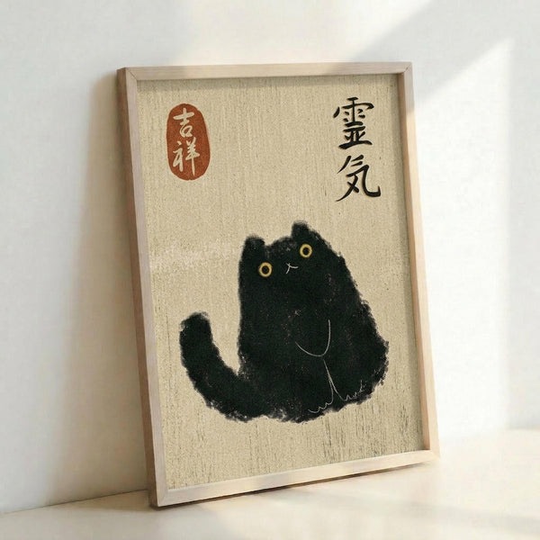 May include: Framed artwork leaning against a white wall showing a black fluffy cat with yellow eyes sitting upright on cream textured background. Features Japanese characters in black ink on the right side and a red oval stamp with white characters on the left. Natural wood frame casts soft shadows on the wall.