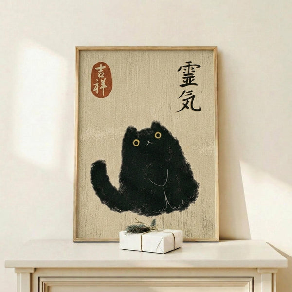 May include: Framed poster featuring a black cat illustration in Japanese ink painting style with yellow eyes, sitting pose, on cream textured background with black Japanese characters and red seal stamp. Natural wood frame displayed on light wooden shelf beside small wrapped white gift box with greenery sprig against white wall.