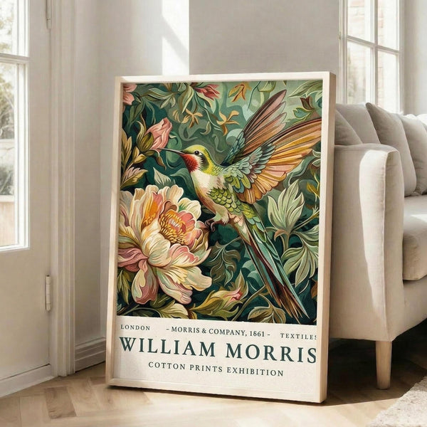 May include: Framed poster leaning against white wall next to beige sofa in bright room with large windows. Artwork shows detailed hummingbird with spread wings in golden and green tones hovering near large peach and pink flowers surrounded by lush green foliage. White text at bottom reads "London Morris & Company, 1861" and "William Morris Cotton Prints Exhibition." Light wood frame, approximately 2-3 feet tall based on sofa scale.