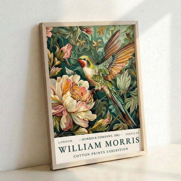 May include: Framed poster featuring a vibrant hummingbird with spread wings surrounded by lush botanical elements including large peony flowers and detailed foliage in rich greens, corals, and cream tones. The vintage-style illustration shows intricate feather details and decorative floral patterns. Text at bottom reads "London Morris & Company 1861 Textiles William Morris Cotton Prints Exhibition" in elegant typography. Light wood frame leans against white wall.