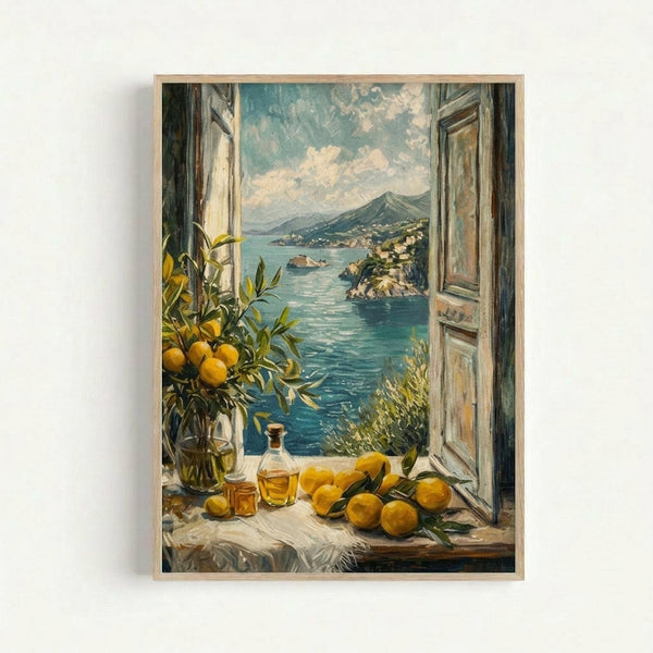 A framed painting depicting an open window view of the Mediterranean coastline with turquoise waters, mountains, and hillside villages. The wooden windowsill displays fresh lemons, a glass bottle with golden liquid, a small jar, and a vase with lemon branches. The artwork features warm yellows, blues, and earth tones in a realistic painted style with a light wooden frame.