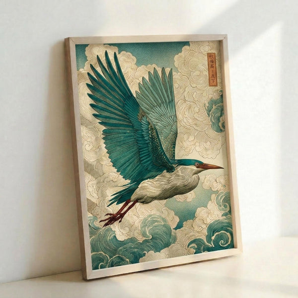 May include: A framed print leaning against a white wall showing a blue heron in flight with outstretched wings soaring through stylized clouds and waves. The artwork features teal, turquoise and cream colors in traditional Japanese woodblock print style with decorative swirling cloud patterns and wave motifs. The print is displayed in a light wood frame and includes red Japanese characters in the upper right corner.