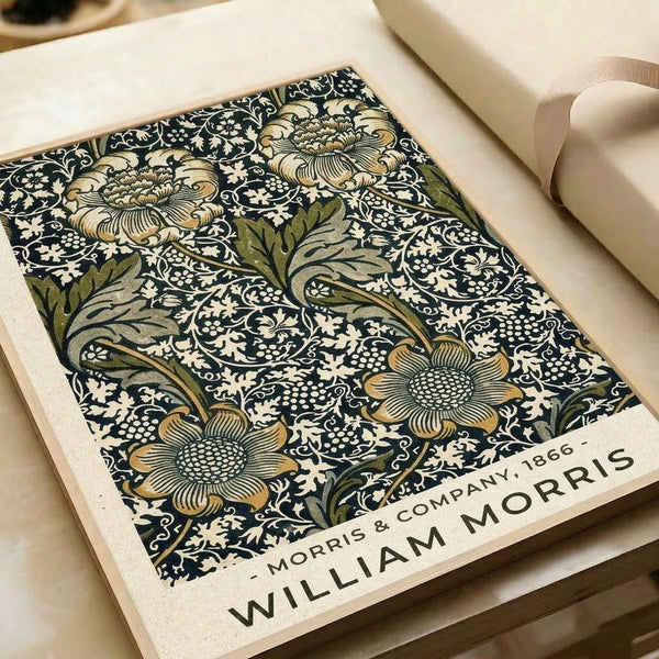Vintage William Morris textile design print featuring intricate floral pattern with large golden blooms, green leaves, and ornate scrollwork on dark navy background. The botanical wallpaper design shows detailed linework and rich colors typical of Arts and Crafts movement. Print appears mounted or framed with cream border, photographed alongside neutral wrapping paper and ribbon, showing fine detail and craftsmanship of the decorative pattern.