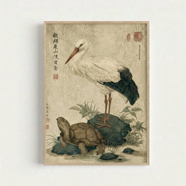 A vintage Japanese woodblock print style artwork featuring a white stork with black wing tips and an orange beak standing on rocks beside a brown patterned turtle. The scene includes green foliage and is set against a cream textured background with traditional Japanese calligraphy and red seal stamps. The print is displayed in a light wooden frame against a white wall.