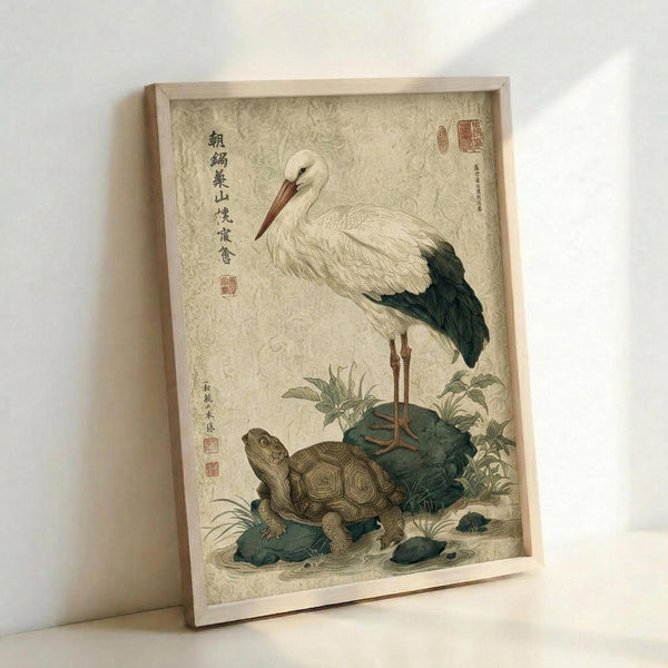 May include: Framed vintage Japanese-style artwork showing a white stork with black wing feathers standing on a rock next to a brown turtle, surrounded by green foliage. The print features traditional Asian calligraphy on aged beige paper with red seal stamps. The simple wooden frame leans against a white wall, casting a soft shadow.