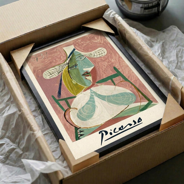 May include: Framed Picasso-style abstract portrait print being unboxed from cardboard shipping materials. The artwork features a stylized figure with green face, yellow hair, and geometric forms in pink, green, and cream tones. Signature visible in bottom right corner. Print appears mounted in dark frame, surrounded by protective tissue paper and cardboard packaging on white surface.