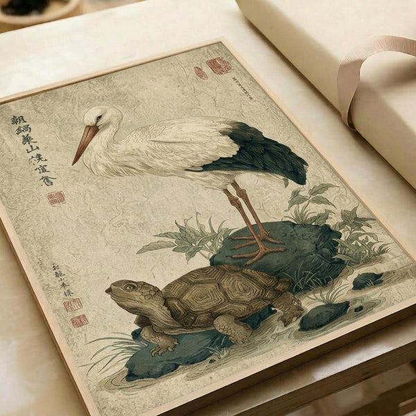 Japanese woodblock print artwork featuring a white stork with dark wing feathers standing on a large brown tortoise. The stork has a long orange beak and slender legs. Below them are green plants and foliage in traditional Asian artistic style. The print has Japanese calligraphy text on the left side and red seal stamps. The artwork is displayed on aged, cream-colored paper with visible texture, photographed laying flat on white fabric with soft natural lighting.