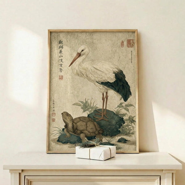 May include: Traditional Japanese-style artwork in natural wood frame showing white stork with dark wing tips standing beside brown turtle on rocks with green foliage. Print features aged beige background with black Japanese calligraphy and red seal stamps. Frame displayed on light wood surface next to small white wrapped gift against cream wall.