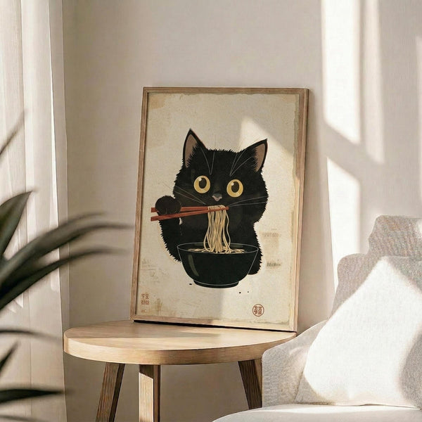 May include: Framed artwork featuring a black cat with large golden eyes eating ramen noodles with chopsticks from a dark bowl, rendered in Japanese ukiyo-e woodblock print style on aged cream paper with red seal stamp. Wooden frame sits on round wooden side table next to beige upholstered chair with decorative pillow, green plant leaves visible, soft natural lighting creates shadows on neutral wall.