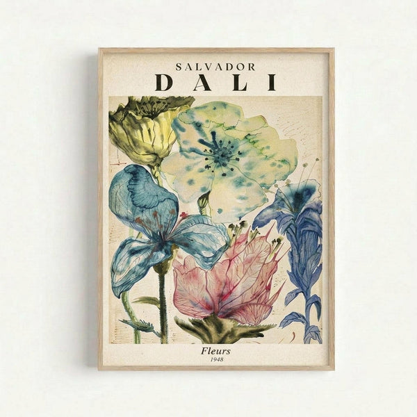 May include: Framed botanical art print featuring watercolor flowers in soft blues, greens, yellows and pink tones against cream background, displayed on white wall. Light wood frame surrounds vintage-style floral illustration with delicate petals and stems in painterly style.