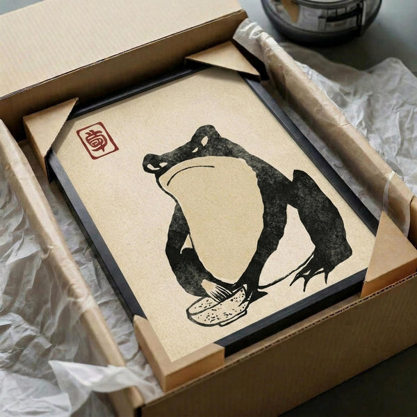 May include: Japanese-style woodblock print artwork featuring a stylized black frog or toad figure against cream background, displayed in dark frame within cardboard box surrounded by white tissue paper. Print shows traditional art style with red square seal stamp in upper left corner. Wooden rolling tools visible nearby on white fabric surface.