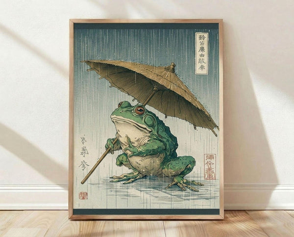 May include: Framed Japanese ukiyo-e style artwork showing a green frog holding a bamboo umbrella in the rain, displayed on light wooden flooring against a white wall. The print features traditional woodblock art styling with vertical rain lines, Japanese text characters, and muted green and beige tones in a natural wood frame.
