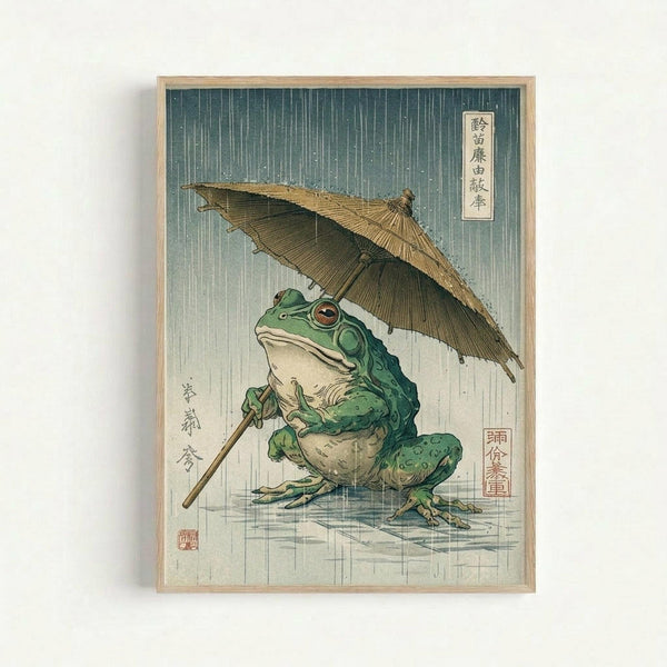 A framed Japanese ukiyo-e style woodblock print featuring a large green frog sitting upright in heavy rain, holding a traditional bamboo umbrella. The frog has prominent orange eyes and a cream-colored belly, rendered in classic Japanese artistic style with fine vertical lines depicting rainfall against a blue-green gradient background. Japanese text appears in rectangular cartouches in the upper right and lower right corners, with an artist's seal on the left side. The artwork is displayed in a