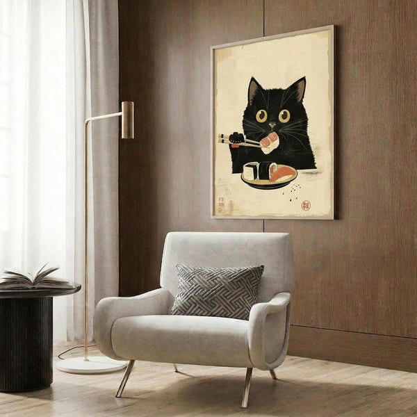 May include: Framed poster featuring a black cat with golden eyes eating sushi with chopsticks, displayed on wood-paneled wall above beige upholstered armchair with geometric patterned pillow. Modern brass floor lamp and dark side table with open book visible. Warm neutral interior with natural lighting from window.