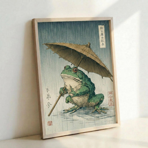 Japanese woodblock print style artwork showing a green frog holding a bamboo umbrella in heavy rain. The frog sits on wet ground with rain falling diagonally across a blue-green background that fades from dark at top to light at bottom. Traditional Japanese text appears in the upper right corner. The print is displayed in a light wooden frame leaning against a white wall.
