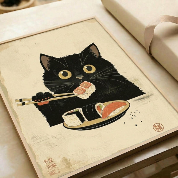Vintage-style illustration of a fluffy black cat with large golden eyes eating sushi with chopsticks. The cat holds a piece of sushi roll in its mouth while sitting behind a black plate containing various sushi pieces including salmon nigiri and rolls. The artwork features a cream-colored background with Japanese characters and a red stamp in the corner. The print is displayed in a white matted frame on a light wooden surface.