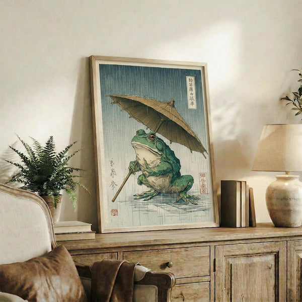 May include: Japanese woodblock print style artwork showing a green frog holding a bamboo umbrella in heavy rain, displayed in a light wooden frame on a rustic wooden sideboard. The print features traditional ukiyo-e aesthetics with vertical rain lines and Japanese text. Scene includes fern plant in white pot, ceramic vase, stacked books, and leather armchair in neutral-toned living room setting.