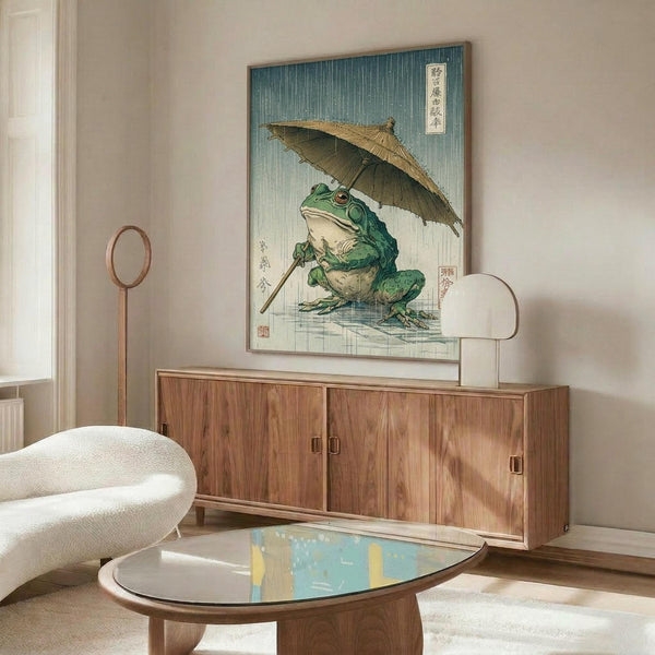 May include: Japanese ukiyo-e style artwork showing a green frog holding a bamboo umbrella in falling rain, displayed in a thin frame above a wooden sideboard. The print features traditional blue-green gradients with Japanese text characters. Modern living room setting with white curved chair, glass coffee table, floor lamp, and neutral walls with natural lighting.