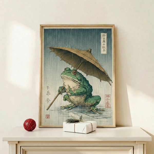 May include: Framed Japanese woodblock print showing green frog holding bamboo umbrella in heavy rain, displayed on light wood shelf with white wrapped gift and red decorative ball. Traditional ukiyo-e art style with vertical rain lines and Japanese text characters. Natural wood frame against cream wall.